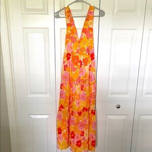 Petal & Pup Floral Orange, Yellow, and Pink Dress. Pockets on each side.